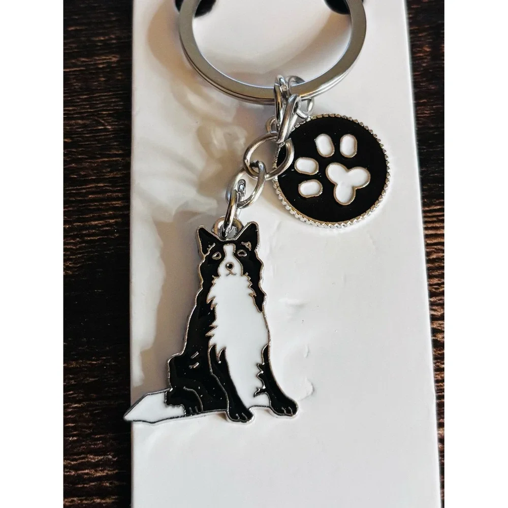 Border Collie Dog Keychain Enamel Paw Print Charm Black White Silver Tone New